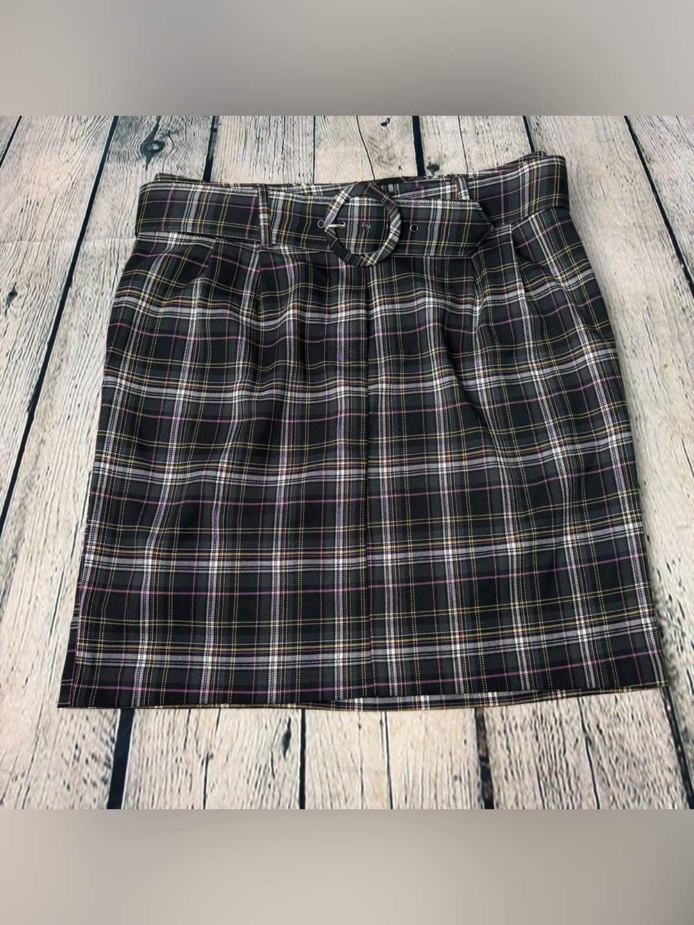 Vintage Y2K 90s Spring Street Pink Black Plaid Belted Mini Pencil Skirt Size 9